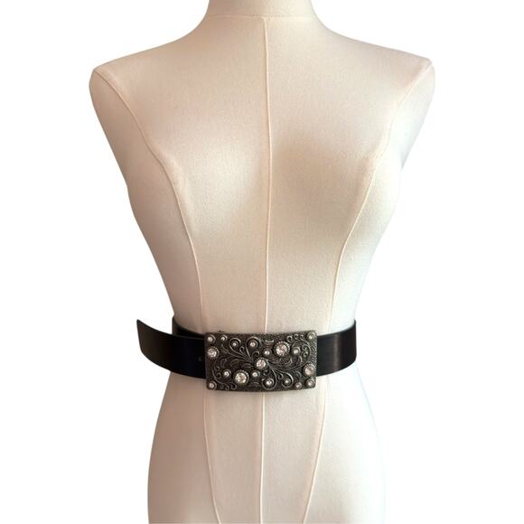 Rhinestone Crystal Belt Buckle Antiqued Rectangle Floral Engraved Buckle Belt L - Picture 5 of 9